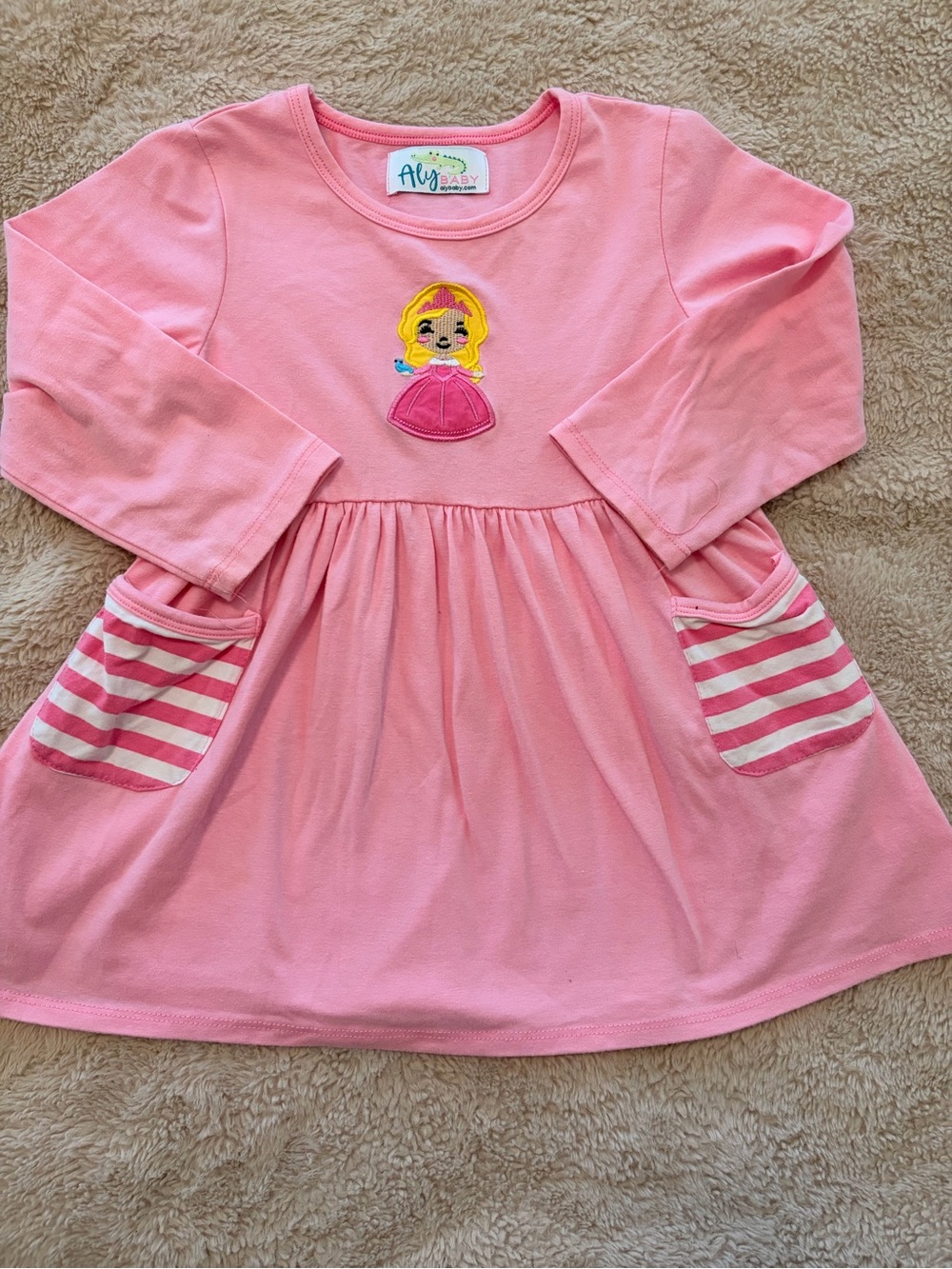 Girls 5-6T Pink Long-Sleeve Pocket Dress with Princess Appliqué